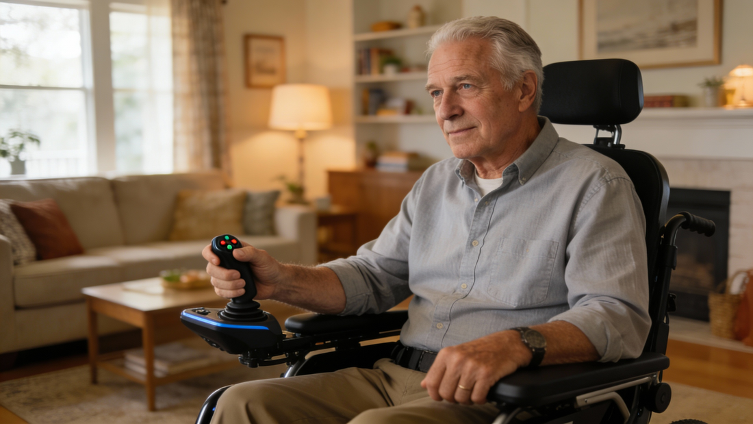 Image alt text: Senior man with gray hair smiling while using Tivaro electric wheelchair with one-handed joystick controller in bright, comfortable home living room
