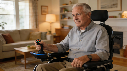 Image alt text: Senior man with gray hair smiling while using Tivaro electric wheelchair with one-handed joystick controller in bright, comfortable home living room