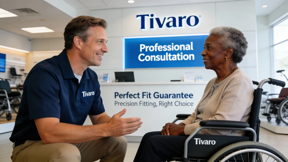 Tivaro electric wheelchair consultation and support for elderly usersior woman customer in modern showroom with Perfect Fit Guarantee signage